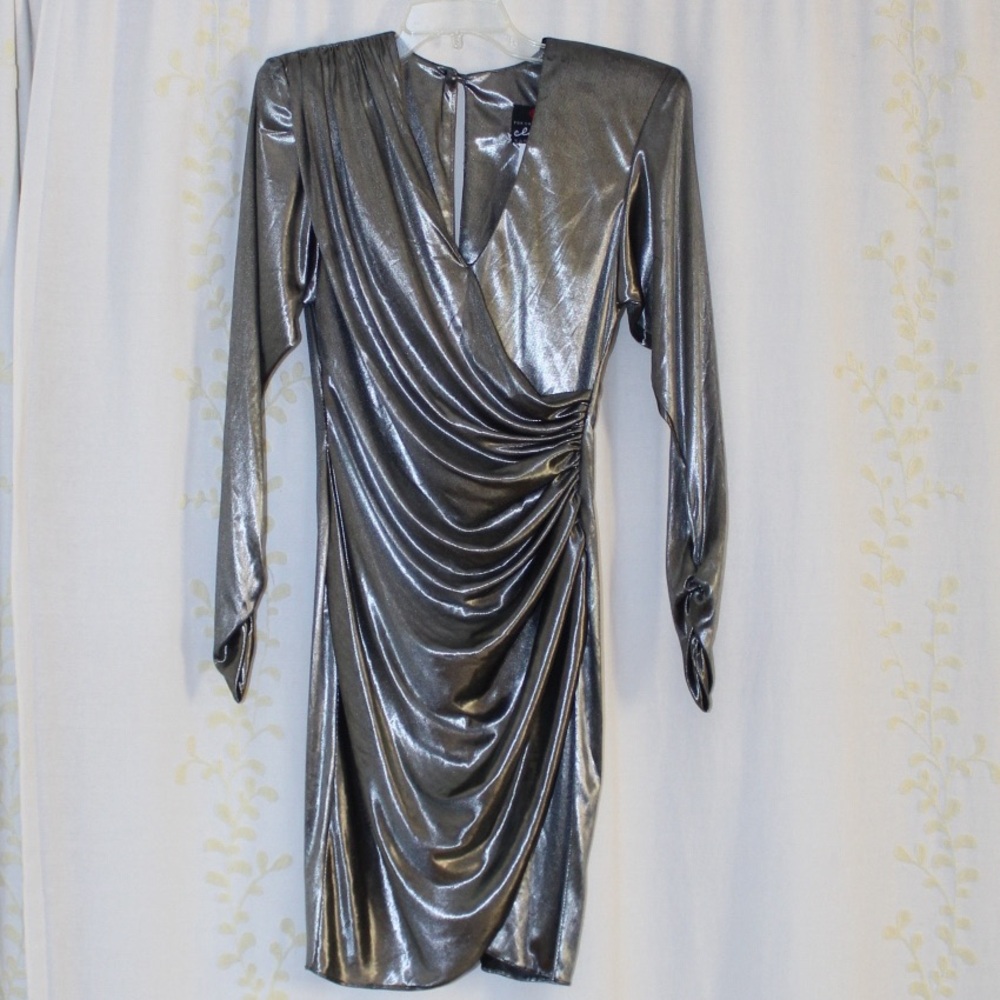 Vtg 80s Climax Karen Okada Silver Shimmer Ruched Waist Evening Dress Womens XS/S